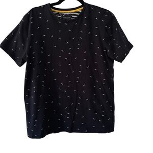 Denim‎ & Flower Bird Print T-Shirt Striped Neckline Casual Top, Size Medium EUC